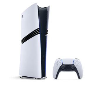 The PlayStation 5 Pro. A white video game console, with a stripe of black on either side and down the middle. There is a PlayStation 5 (DualSense) controller next to the console.