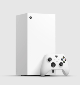 The Xbox Series X - Digital Edition. A while, obelisk-like rectangle with no disk drive. There is a white Xbox controller next to the console