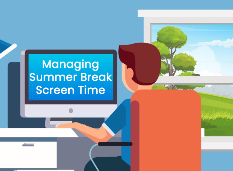 A boy sits at his computer, on the screen it says "Managing Summer Break Screen Time". You can see out a window next to the boy over a sunny, green landscape.