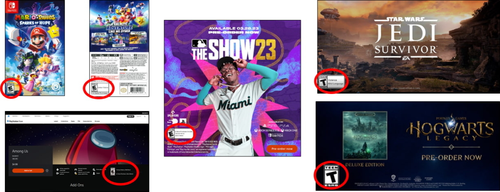 Five games are shown with various ESRB rating icons. In the top left Mario + Rabbids: Sparks of Hope is shown with a rating of E 10+. Under that, Among Us on the PlayStation Store is shown with a rating of E10+. In the middle, MLB The SHow 23 is shown with a rating of E for Everyone. On the top right Star Wars Jedi Survivor is shown with a rating of T for Teen. On the bottom right Hogwarts Legacy is shown with a rating of T for Teen. 