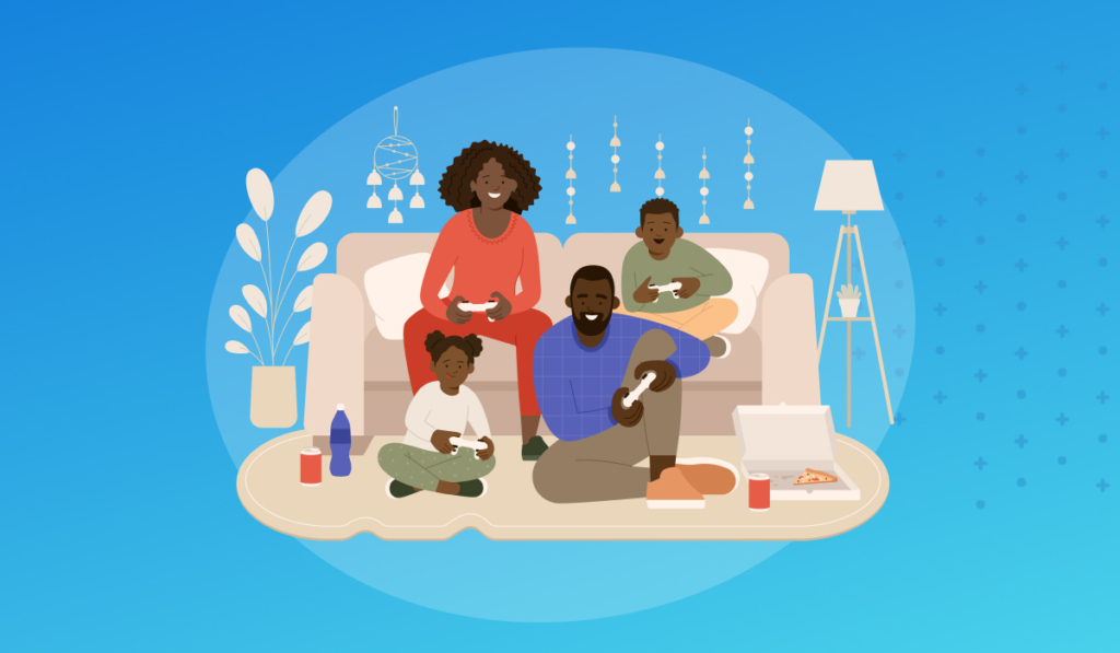 A cartoon family sits in a living room. A man and a child sit onthe floor while a woman and an older child sit on a beige sofa. They are all holding video game controllers and it looks like they're having a great time playing together!