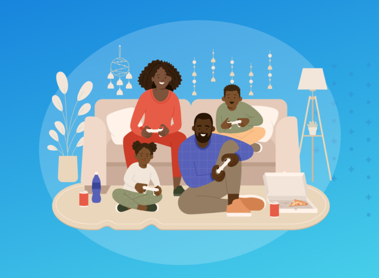 A cartoon family sits in a living room. A man and a child sit onthe floor while a woman and an older child sit on a beige sofa. They are all holding video game controllers and it looks like they're having a great time playing together!