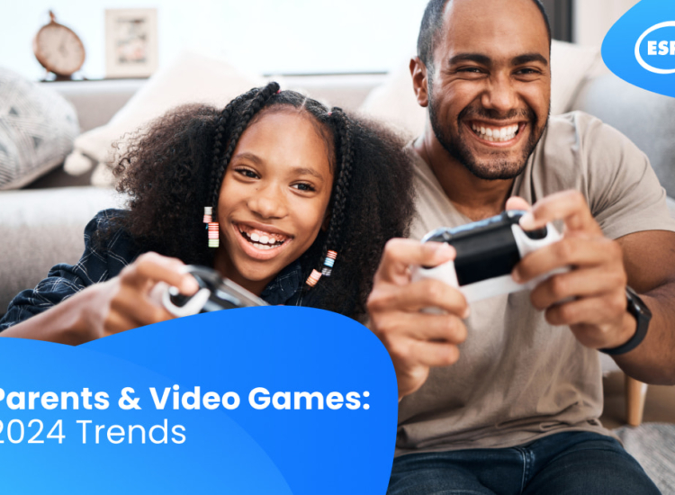 Man and daughter playing video games together. Text in the bottom left corner reads: "Parents and Video Games: 2024 Trends