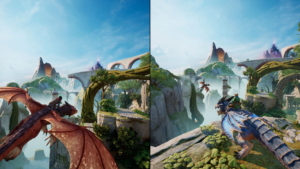 A fantasy scene from Split Fiction. The player on the left is mounted on a red dragon, flying through the sky over a whimsical landscape of mountains and what seem to be ruins. The player on the right rides a blue dragon and watches the other player flying in the distance.