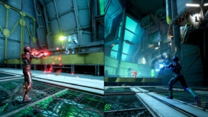 A screenshot from a science fiction section of Split Fiction. the image is split down the middle, showing one player on either side. the players are in a futuristic, warehouse-like environment. The player on the left, donning a red, robotic looking suit, is firing laser guns at a nearby enemy (a bipedal mech). The player on the right wears a similar, blue suit taking aim at a far away enemy with their laser guns. 