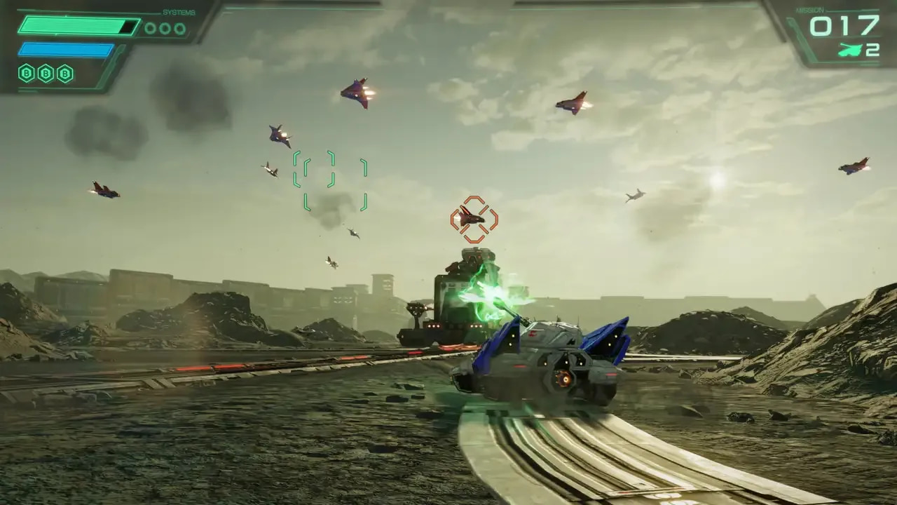 Fox pilots the Landmaster, a tank-like vehicle, on the surface of a planet. his teammates are in the air as Fox shoots down enemies with their assistance.
