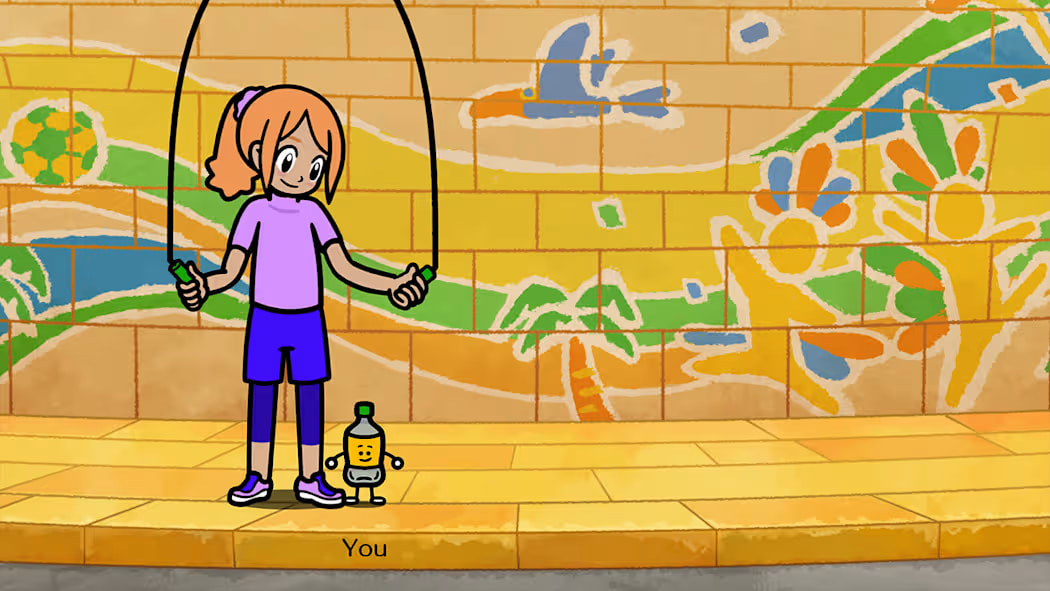 A mini-game in Rhythm Heaven Groove based on jumping rope. The player controls a little plastic bottle with arms and legs. Next to the bottle is a girl jumping rope. The player must prompt the bottle to jump in time with the girl.