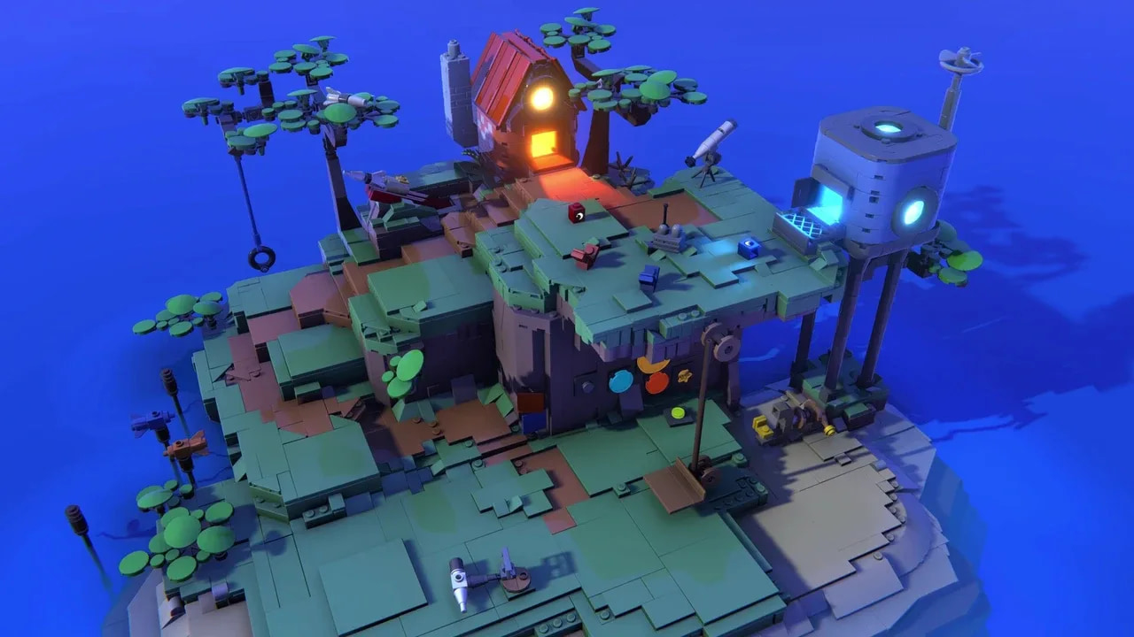 The Red and Blue bricks are exploring in their LEGO hideout, with a house.
